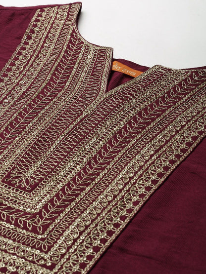 Burgundy & Gold Striped Yoke Thread Work Liva Straight Kurta Trousers & Dupatta