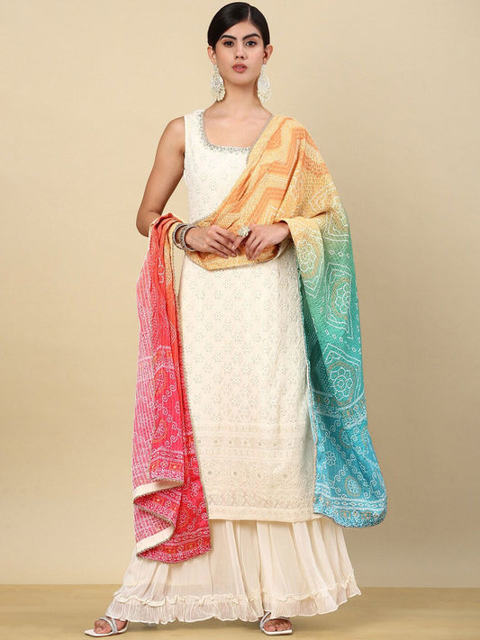 Dhiyona SO Women's Off White Ethnic Motifs Embroidered Regular Thread Work Kurta Set With Dupatta