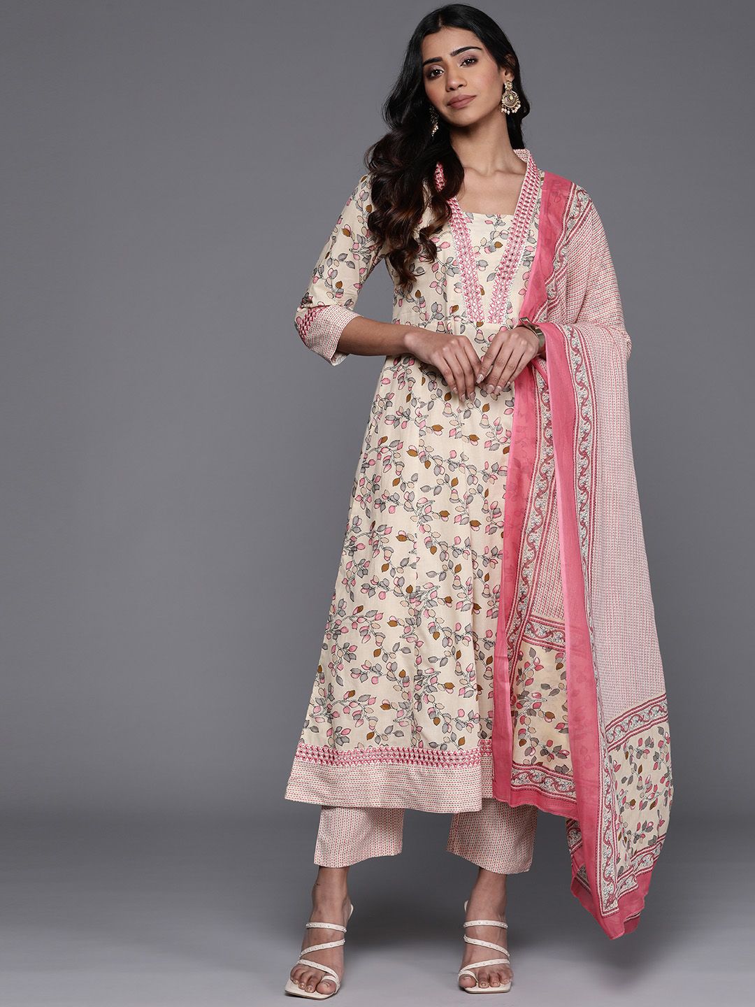 Dhiyona VA Women'sFloral Printed Mirror Work Pure Cotton Kurta with Trousers & Dupatta