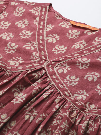 Dhiyona IE Floral Printed Empire Pure Cotton Kurta with Trousers & With Dupatta