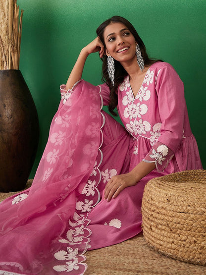 Dhiyona SN Women's Floral Embroidered V-Neck A-Line Kurta With Trousers & Dupatta