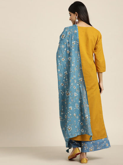 Dhiyona SN Women's Mustard YellowYoke Design Mirror Work Cotton Kurta with Palazzos & Dupatta