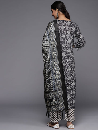 Dhiyona VA Women's Black Floral Printed Kurta with Trousers & Dupatta
