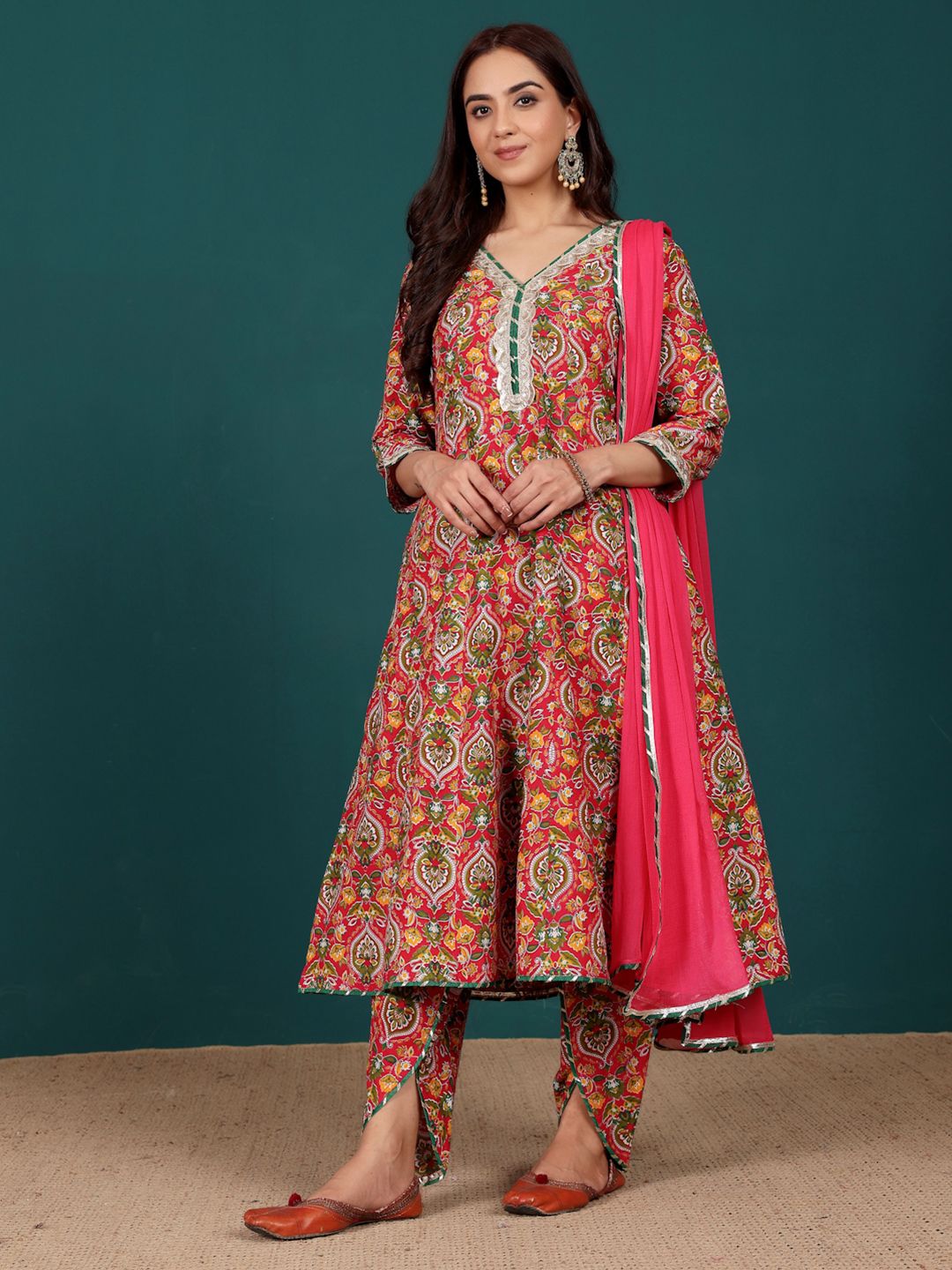 Dhiyona VA Women's Floral Printed Regular Kurta with Dhoti Pants & With Dupatta