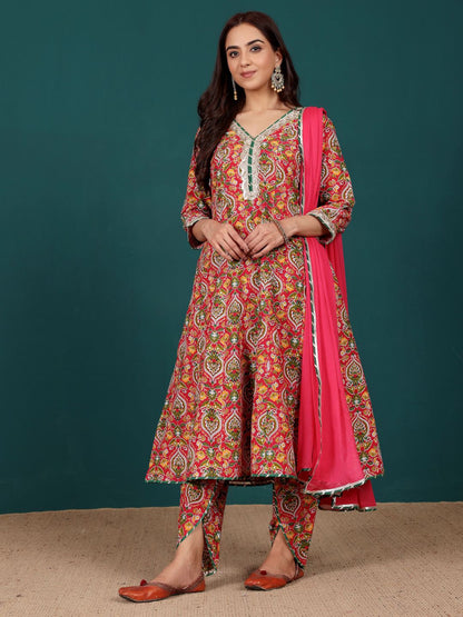 Dhiyona VA Women's Floral Printed Regular Kurta with Dhoti Pants & With Dupatta