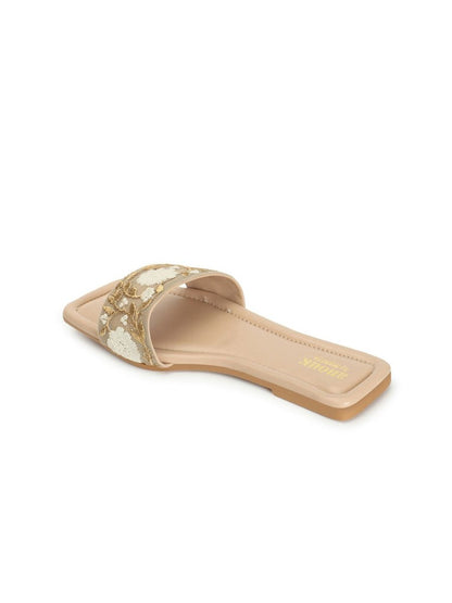 Dhiyona AK Beige Floral Embroidered Open Toe Flats