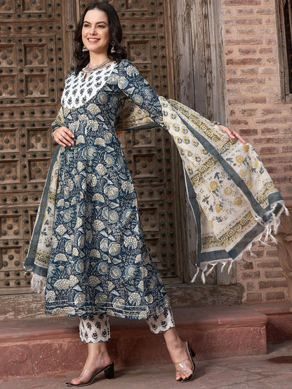 Dhiyona SN Women's Navy Blue Floral Printed Pure Cotton Anarkali Kurta With Trouser & Dupatta