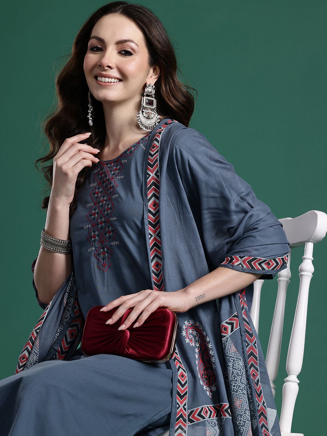 Dhiyona IE Embroidered Pure Cotton Kurta with Trousers & Dupatta
