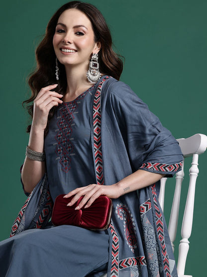 Embroidered Pure Cotton Kurta with Trousers & Dupatta