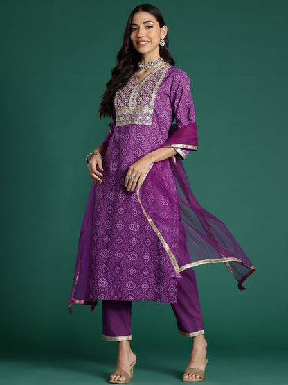 Bandhani Printed Sequinned Pure Cotton Kurta With Trousers & Dupatta