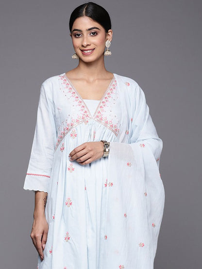 Dhiyona VA Women'sAlia Cut Floral Embroidered Empire Sequinned Pure Cotton Kurta With Trousers & Dupatta