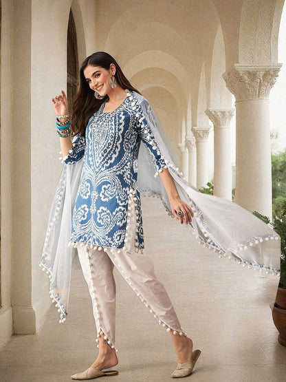 Dhiyona IS Women's Ethnic Motifs Printed Mirror Work Straight Kurta with Dhoti Pants & Dupatta