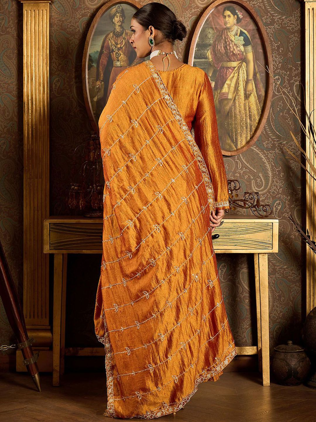 Floral Yoke Design Pleated Thread Work Anarkali Kurta With Trousers & Dupatta