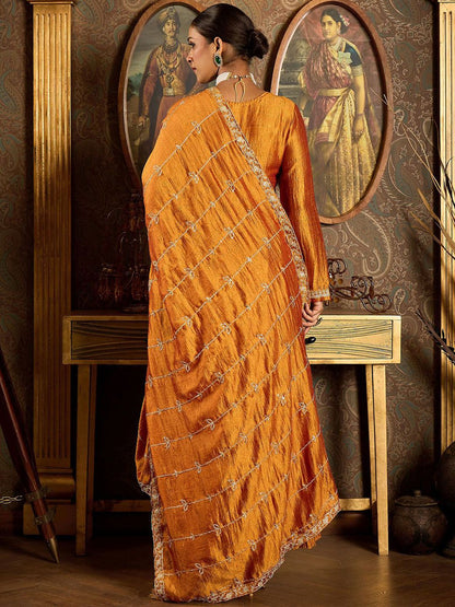 Floral Yoke Design Pleated Thread Work Anarkali Kurta With Trousers & Dupatta