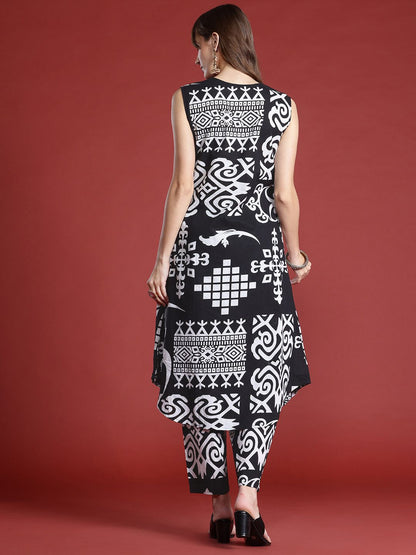 Dhiyona IE Ethnic Motifs Printed Pleated Pure Cotton Kurta with Trousers
