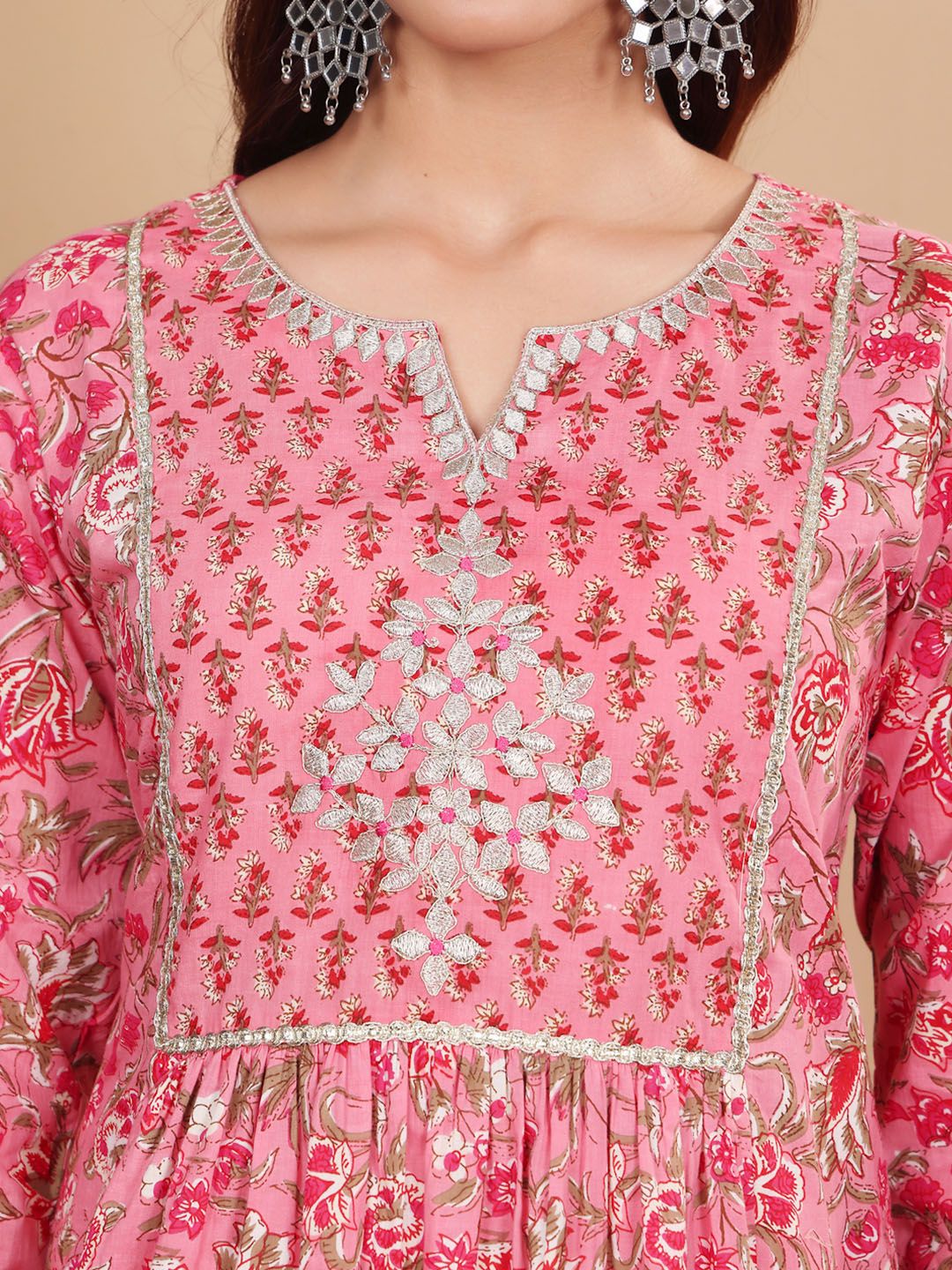 Dhiyona VA Women'sPink Floral Printed Pure Cotton Kurta with Trousers & With Dupatta
