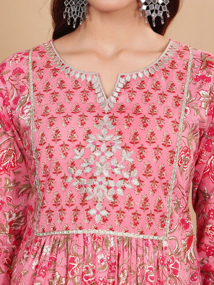 Dhiyona VA Women'sPink Floral Printed Pure Cotton Kurta with Trousers & With Dupatta