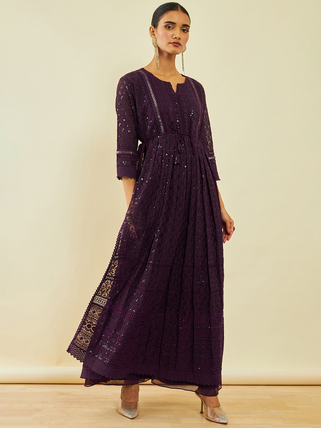 Dhiyona SO Women's Women Maroon Embroidered Pleated Sequinned Kurta with Palazzos & With Dupatta