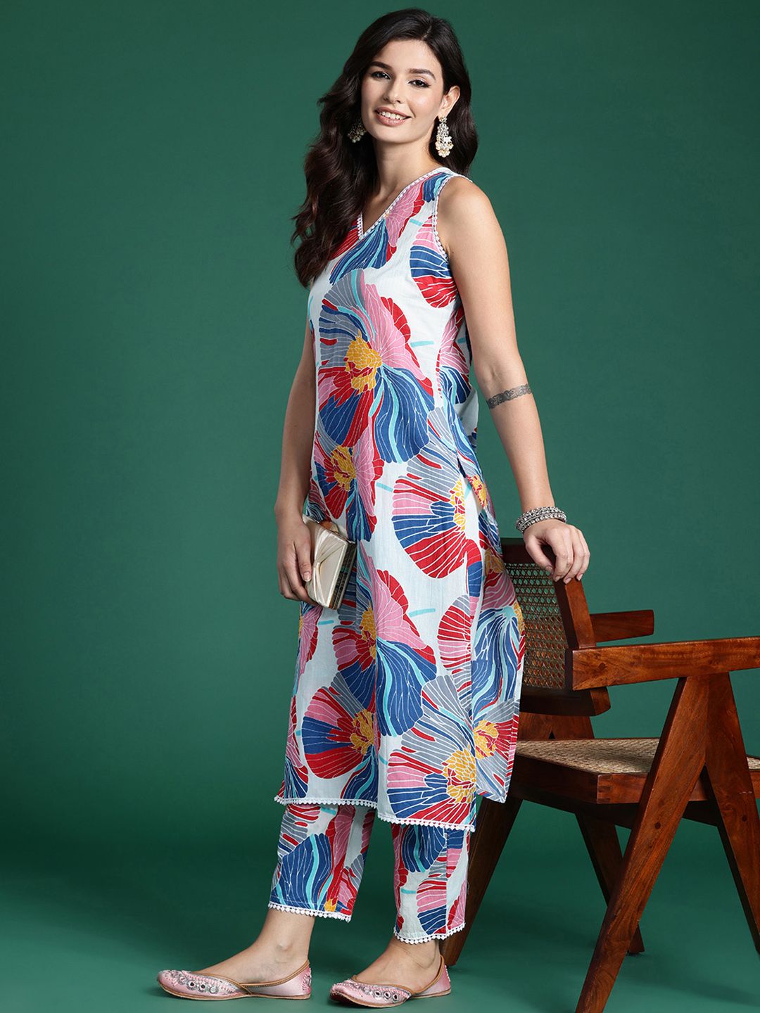 Dhiyona IE Floral Printed Pure Cotton Kurta with Trousers