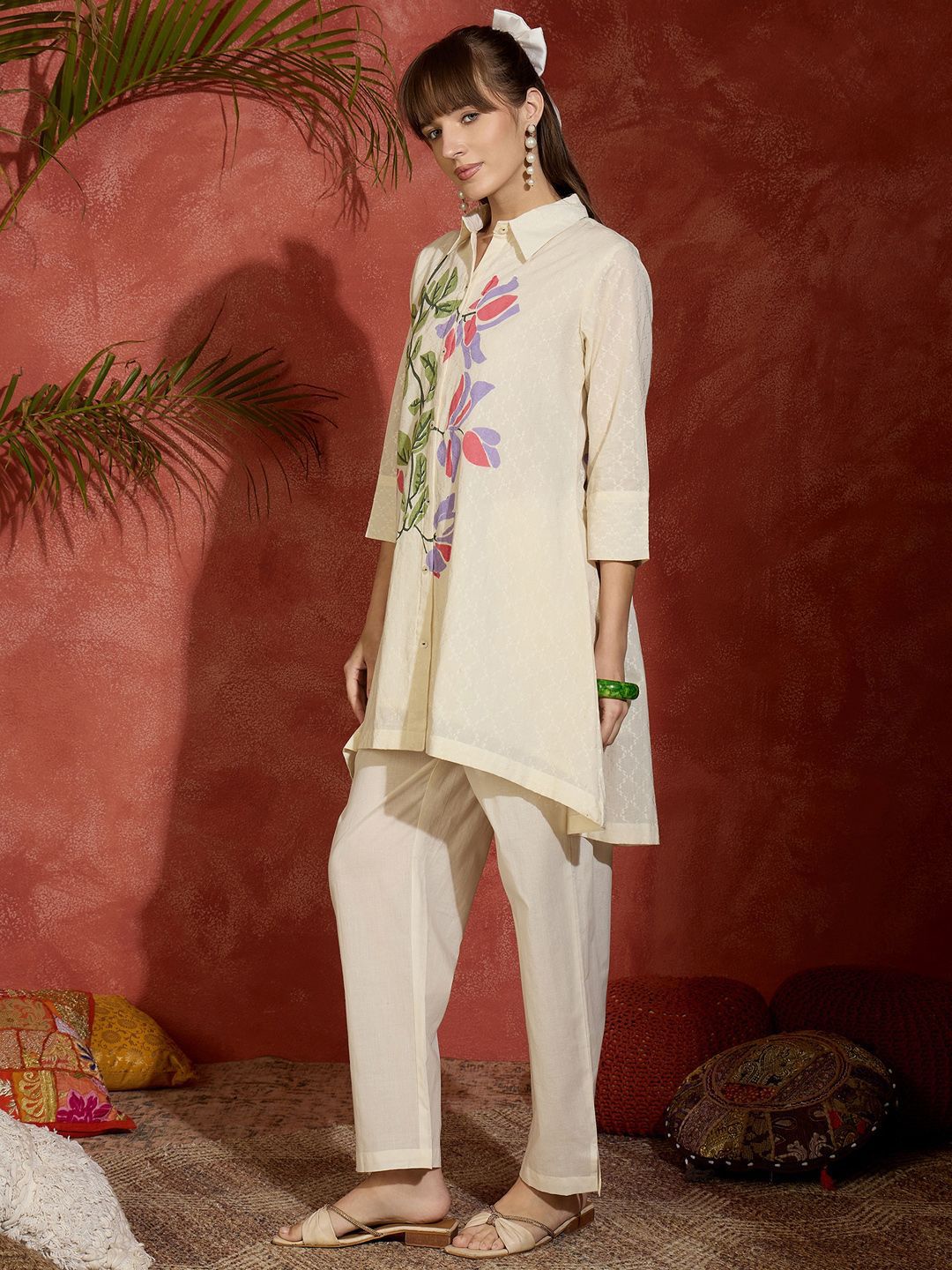 Dhiyona IE Floral Printed Shirt Collar A-Line Pure Cotton Kurta With Trousers