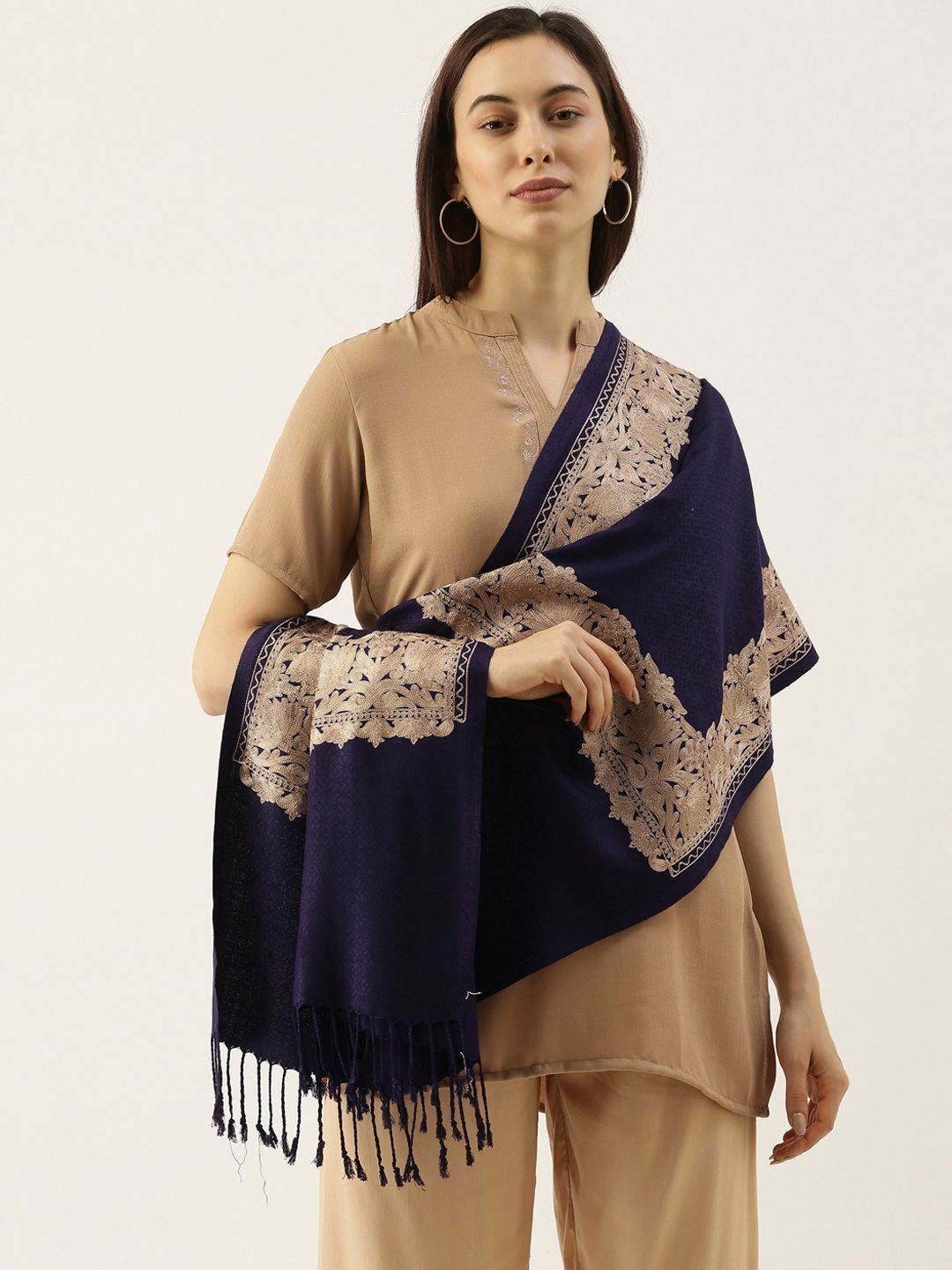 Dhiyona PA Women Navy Blue & Golden Embroidered Shawl