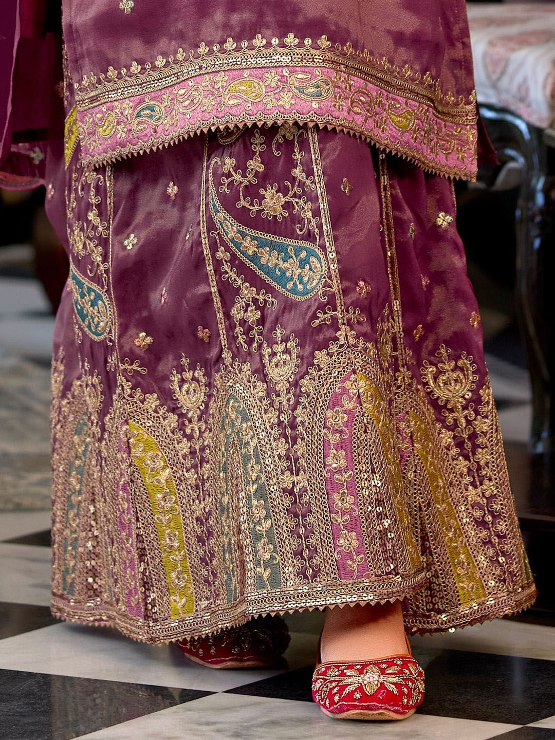 Floral Embroidered Sequinned Straight Kurta With Palazzos & Dupatta