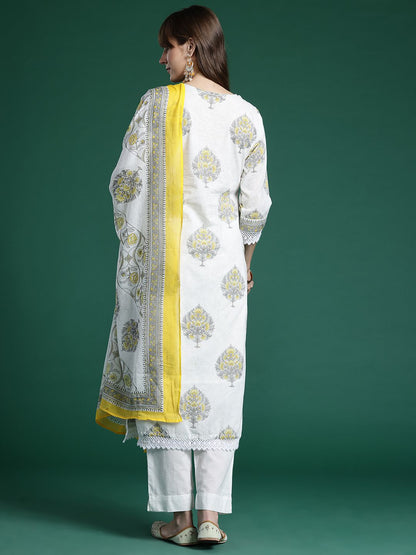 Dhiyona IE Ethnic Motifs Printed Sequinned Pure Cotton Kurta With Trousers & Dupatta