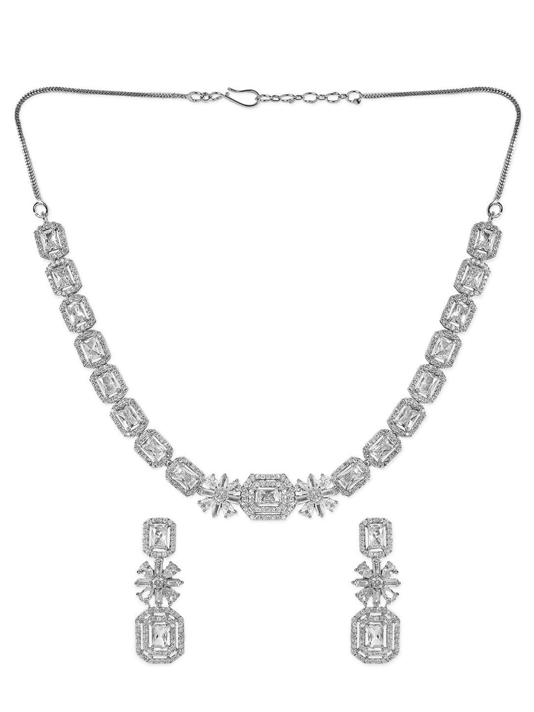 Dhiyona RJ Women's Rhodium Plated White Cubic Zirconia Stone Studded Floral Classic Jewellery Set