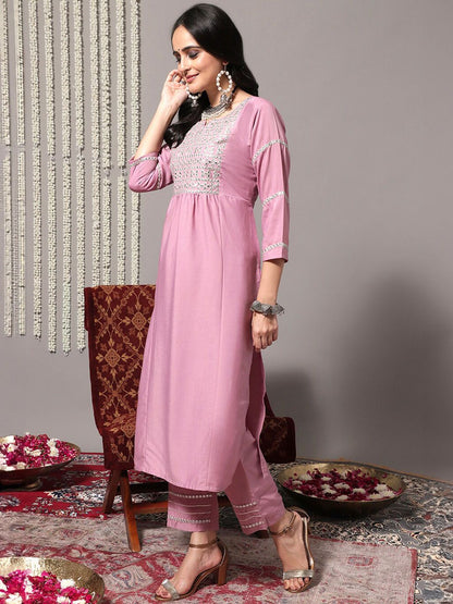 Dhiyona VA Women'sEthnic Motifs Yoke Design Mirror Work Straight Kurta With Trousers & Dupatta