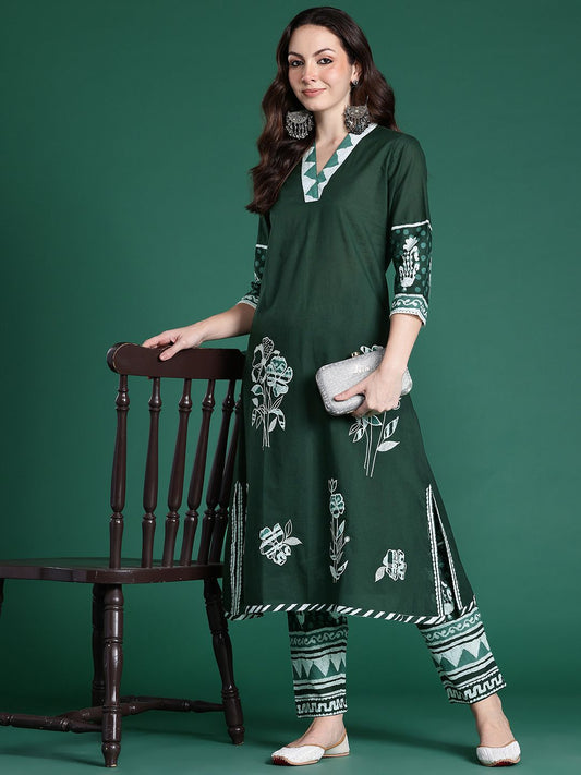 Dhiyona IE Floral Printed Regular Pure Cotton Kurta with Trousers