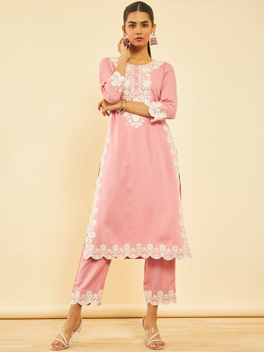 Dhiyona SO Women's Ethnic Motifs Embroidered Straight Kurta with Trousers