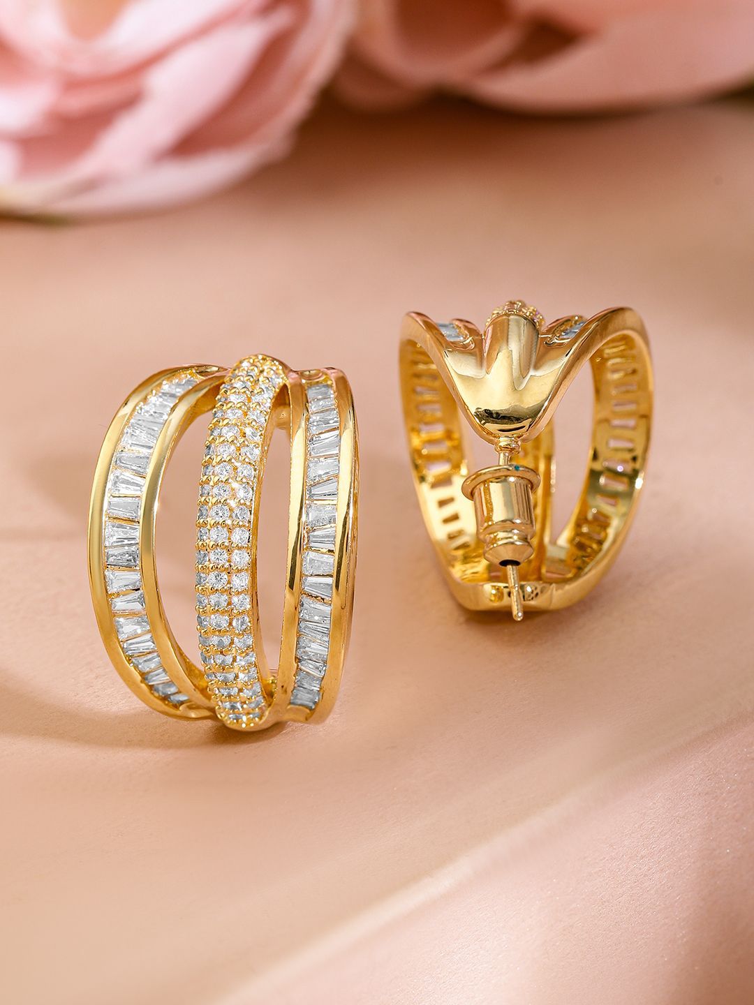 Dhiyona RJ Women's 18K Gold-Plated Cubic Zirconia Studded Triple Band Hoop Earrings