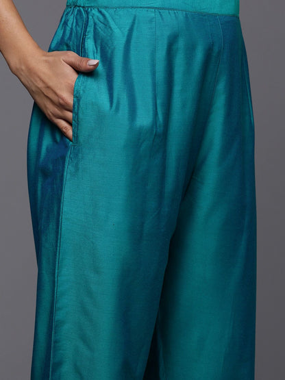 Dhiyona IE Women Teal Floral Embroidered Regular Thread Work Kurta with Trousers & With Dupatta
