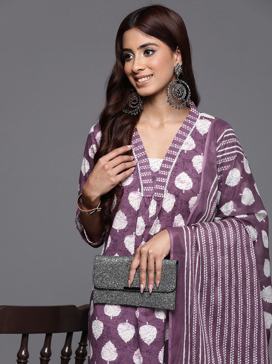 Dhiyona VA Women'sFloral Printed Sequinned Pure Cotton Kurta with Trousers & Dupatta