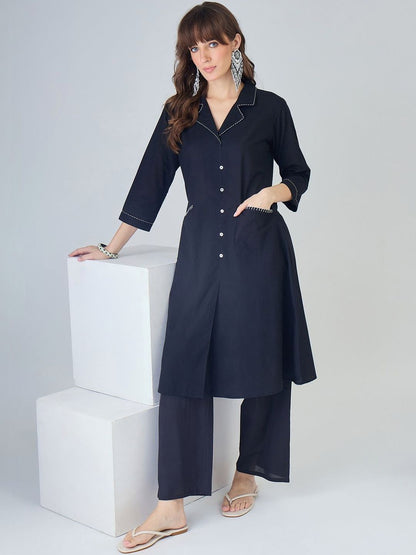 Women Regular Thread Work Pure Cotton Kurta with Palazzos