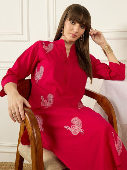 Floral Printed Thread Work Pure Cotton Kurta With Palazzos