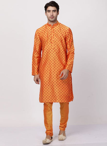 Men's Orange Cotton Blend Straight Kurta Pyjama Set