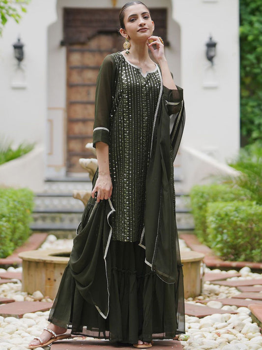 Dhiyona IE Ethnic Motifs Embroidered Sequinned Kurta With Sharara & Dupatta