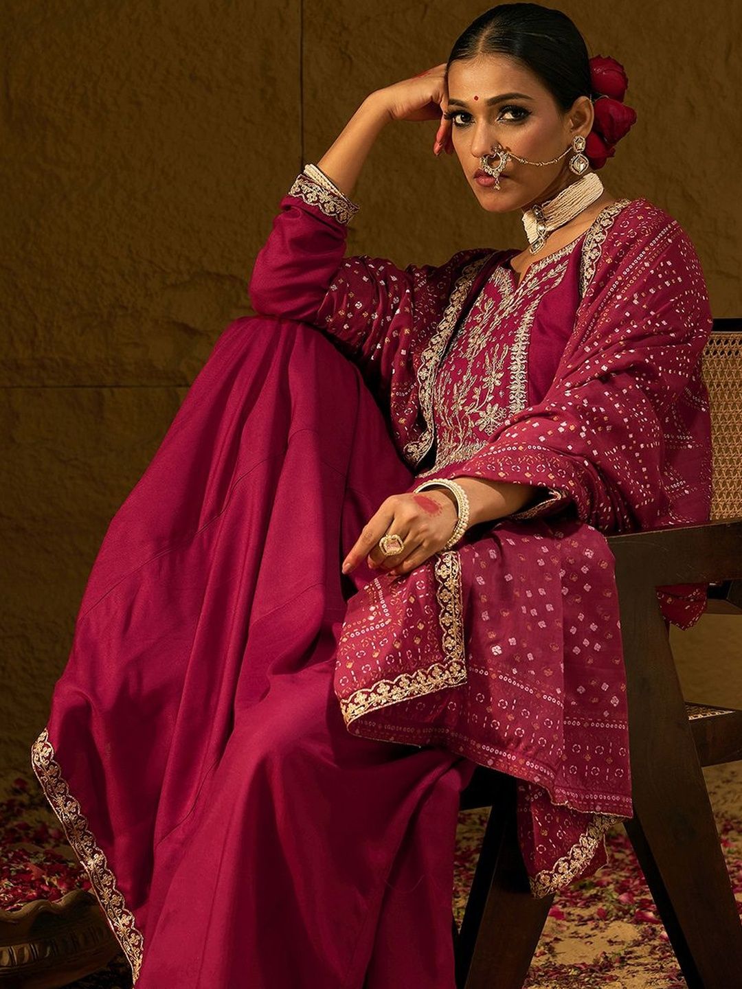 Women Ethnic Motifs Embroidered Panelled Thread Work Kurta with Trousers & With Dupatta