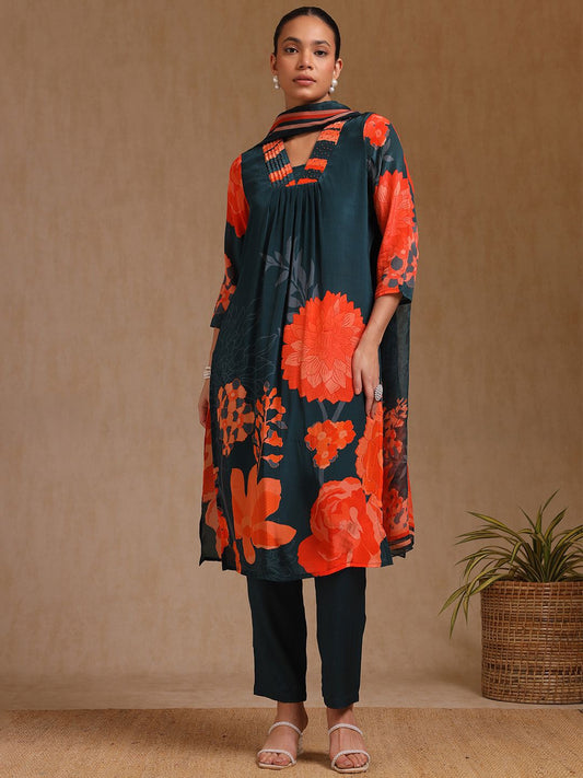 Dhiyona SO Women's Women Floral Printed Pleated Beads and Stones Kurta with Trousers & With Dupatta