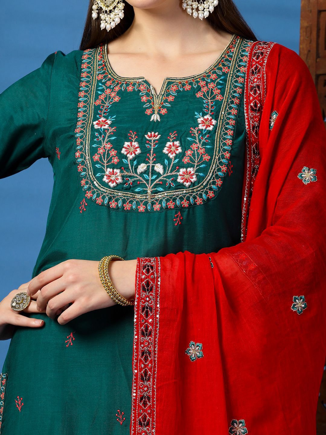 Dhiyona SN Women's Floral Embroidered Sequinned Straight Kurta with Trouser & Dupatta