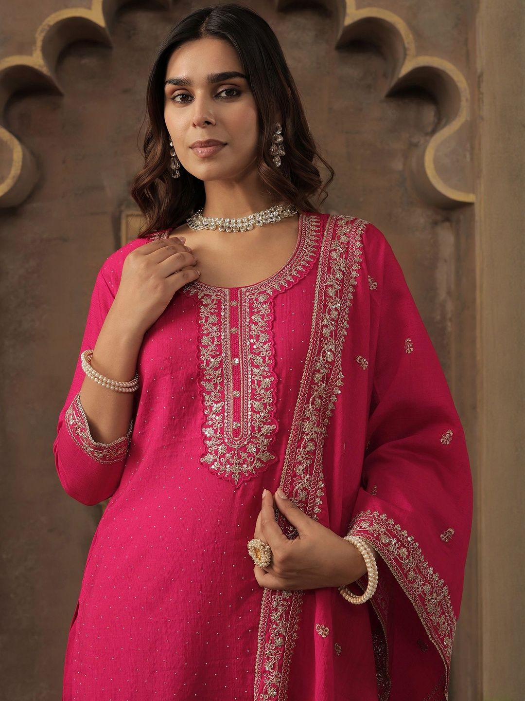 Ethnic Motifs Embroidered Chanderi Cotton Kurta With Trousers & Dupatta