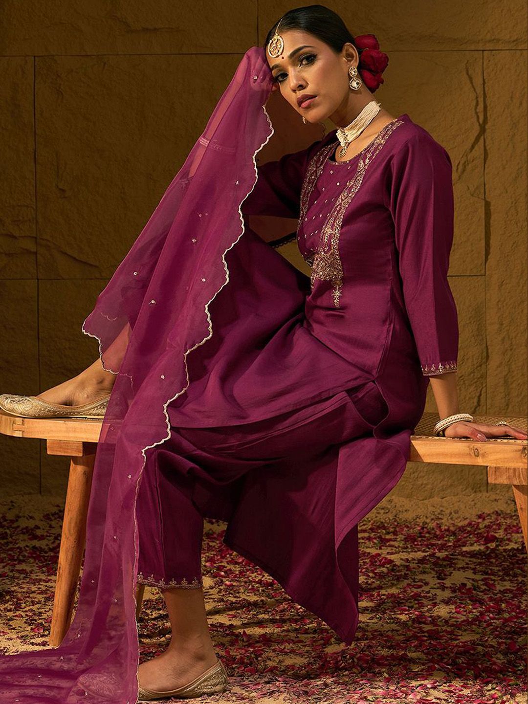 Dhiyona IE Ethnic Motifs Embroidered Sequinned Liva Straight Kurta With Trousers & Dupatta