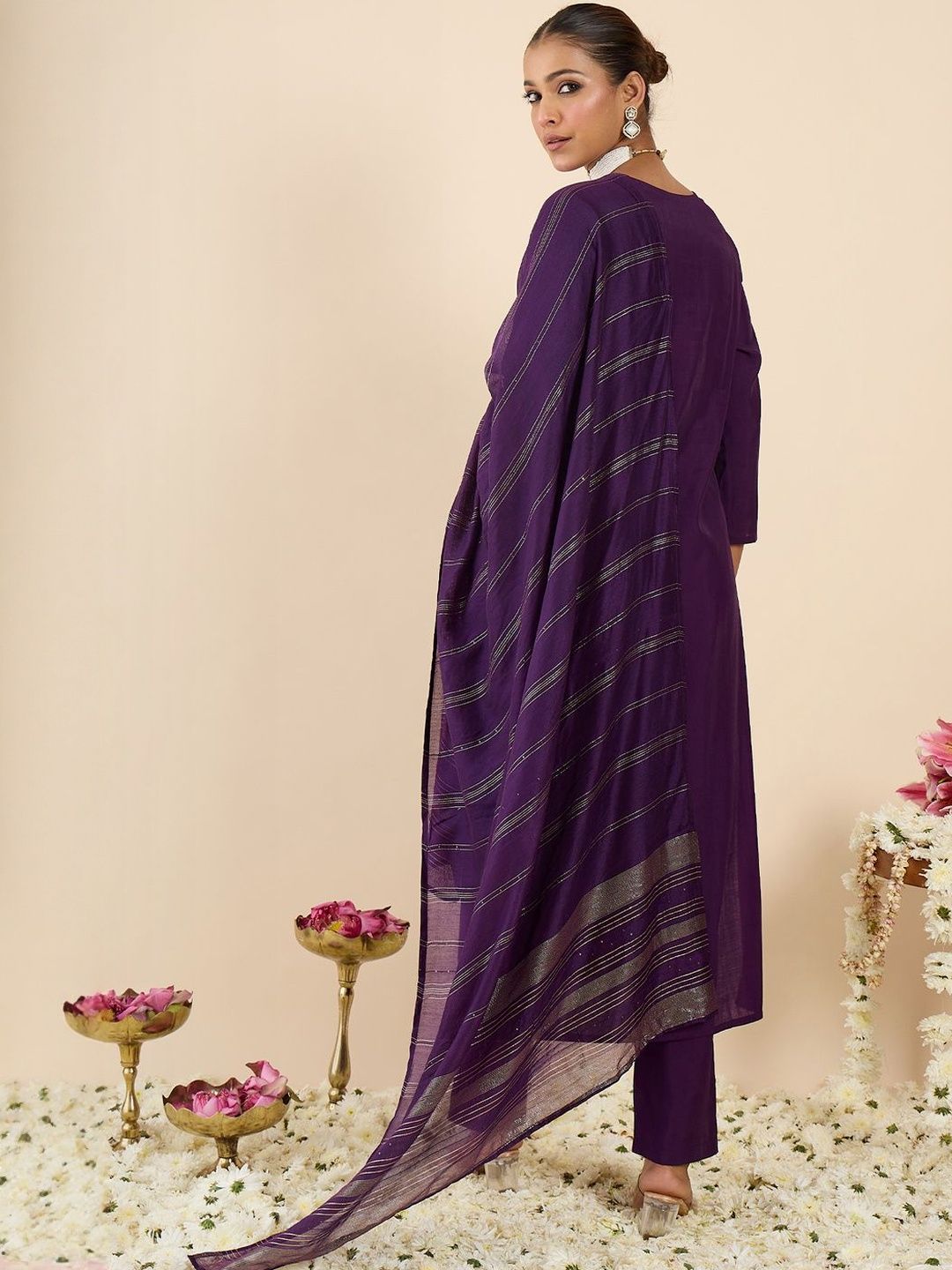 Women Ethnic Motifs Embroidered Regular Thread Work Kurta with Trousers & With Dupatta