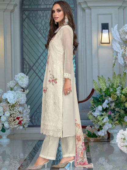 Floral Embroidered Thread Work Kurta With Trousers & Dupatta