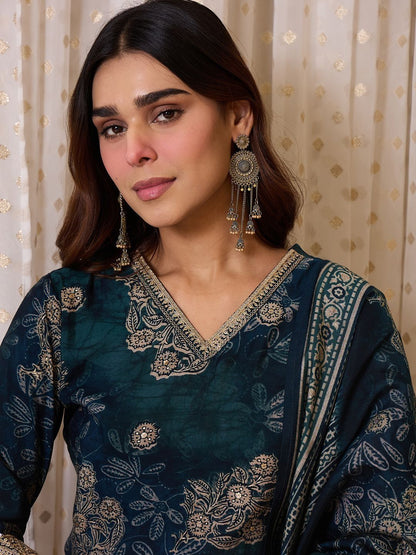 Floral Printed Straight Chanderi Silk Kurta With Trousers & Dupatta