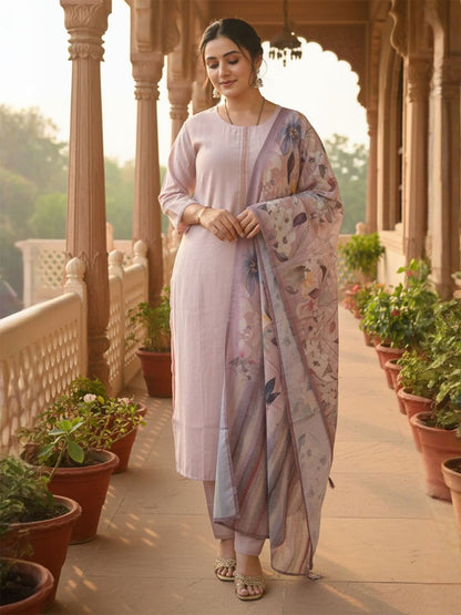 Dhiyona IE Women's Women Thread Work Straight Kurta with Trouser & Printed Dupatta