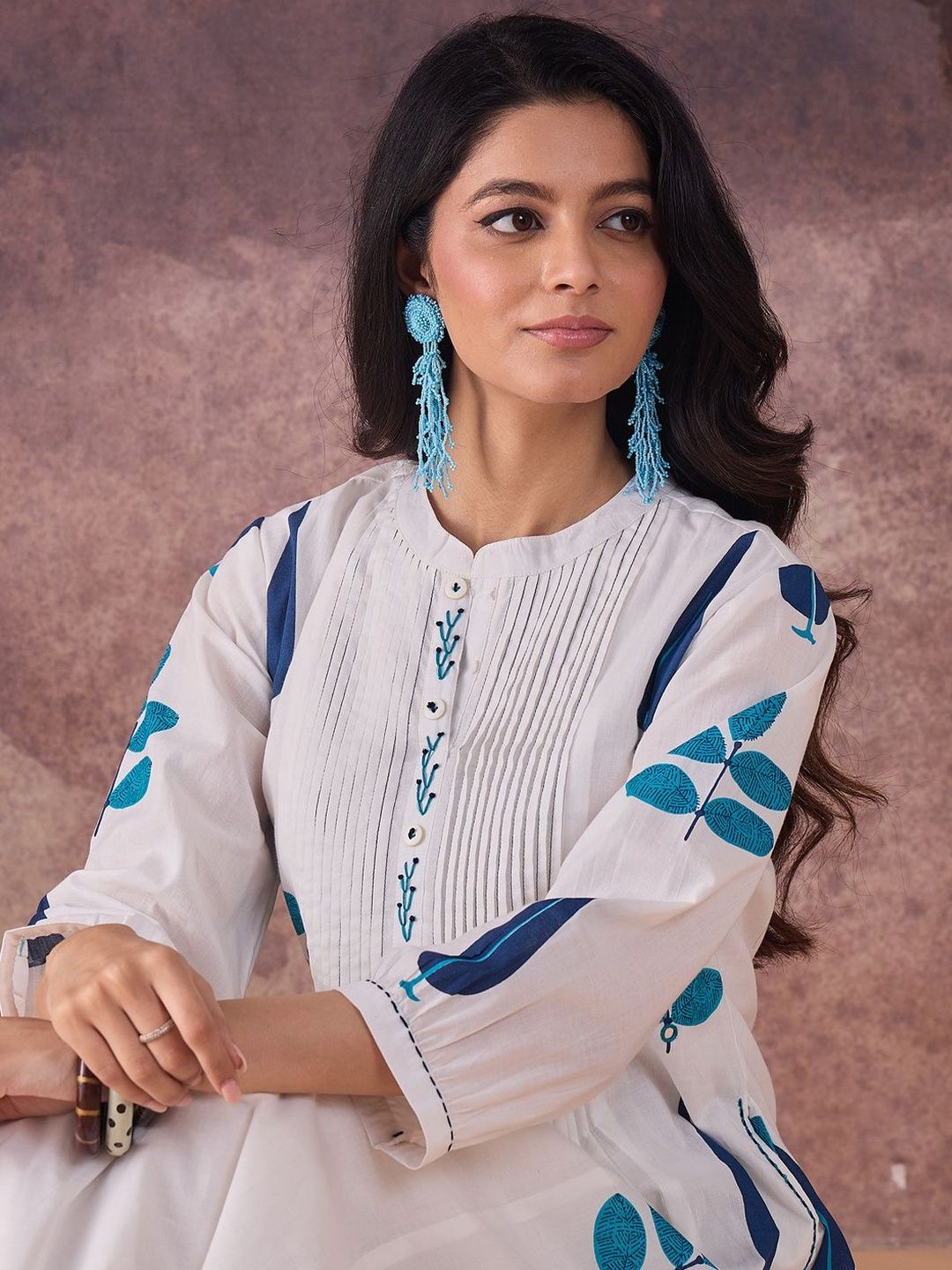 Ethnic Motifs Printed Band Collar Thread Work Pure Cotton Kurta With Trousers