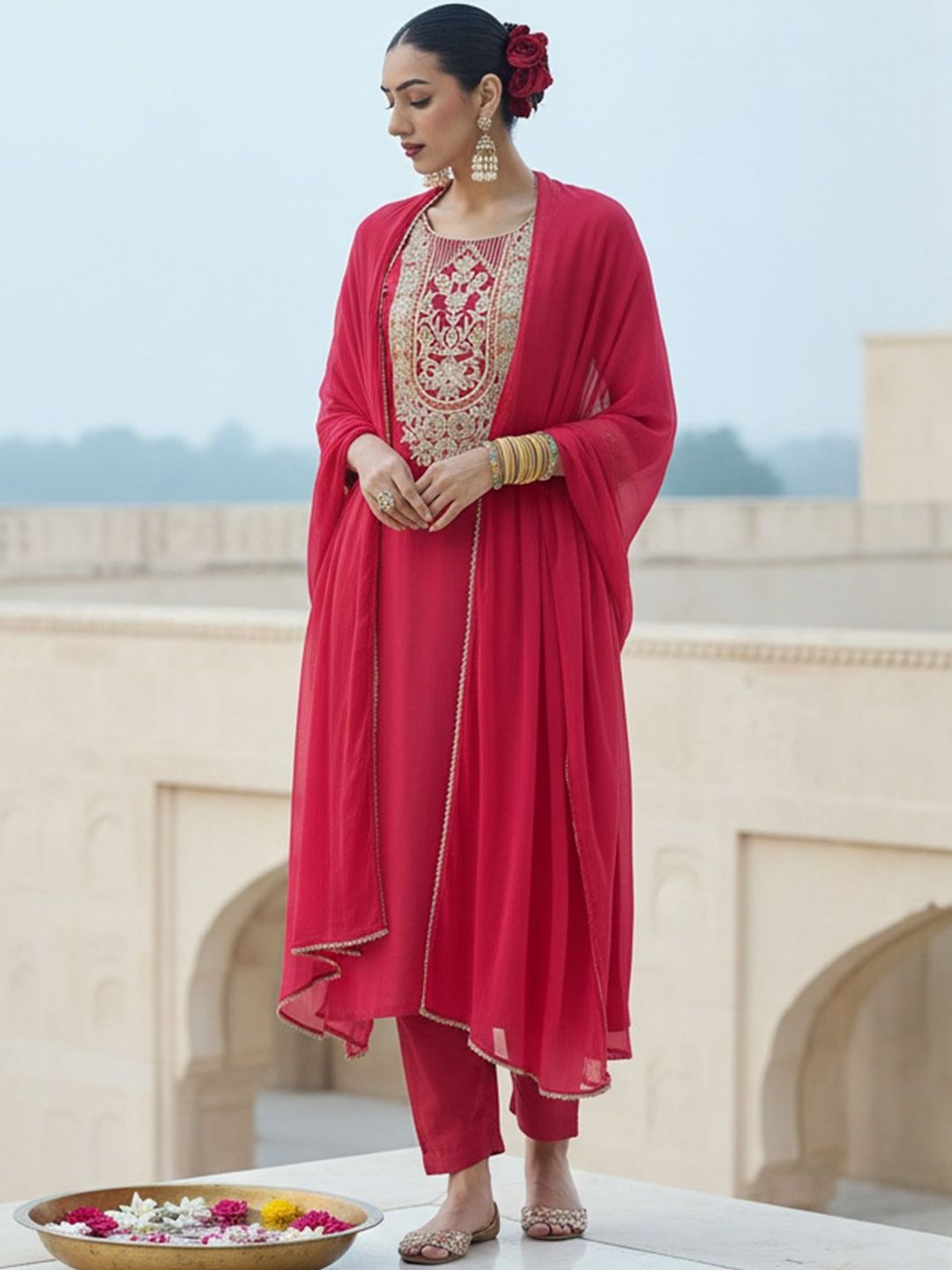 Dhiyona IE Ethnic Motifs Embroidered Thread Work Kurta With Trousers & Dupatta