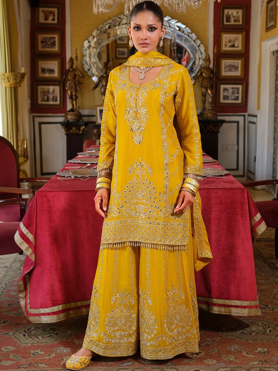 Women Ethnic Motifs Embroidered Regular Thread Work Kurta with Palazzos & With Dupatta